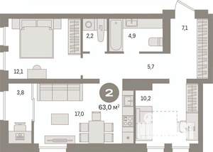 2-к квартира, вторичка, 63м2, 9/17 этаж