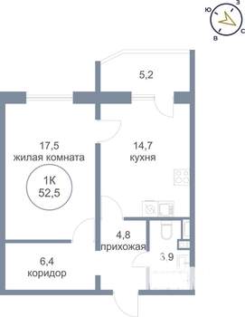 1-к квартира, вторичка, 53м2, 18/25 этаж