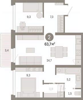 2-к квартира, вторичка, 64м2, 4/9 этаж