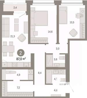 2-к квартира, вторичка, 87м2, 5/17 этаж