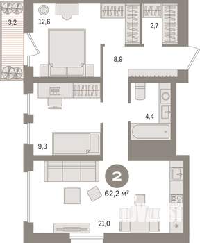 2-к квартира, вторичка, 62м2, 5/17 этаж