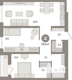 2-к квартира, вторичка, 79м2, 15/15 этаж