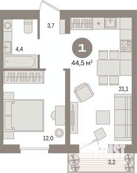 1-к квартира, вторичка, 44м2, 4/9 этаж