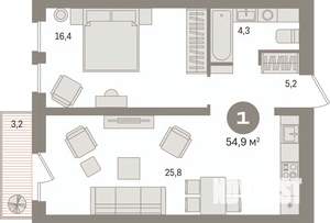 1-к квартира, вторичка, 55м2, 10/15 этаж