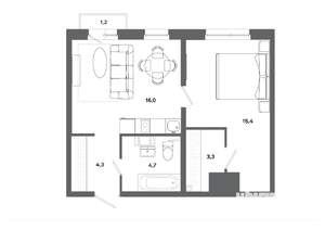 1-к квартира, вторичка, 44м2, 7/19 этаж