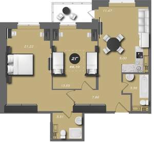 2-к квартира, вторичка, 68м2, 6/22 этаж