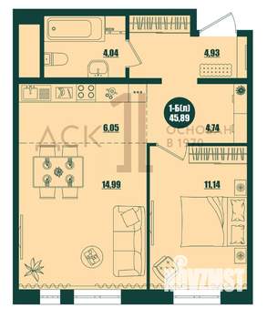 1-к квартира, строящийся дом, 46м2, 14/16 этаж