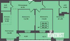 3-к квартира, строящийся дом, 88м2, 18/22 этаж