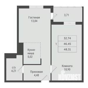 1-к квартира, строящийся дом, 48м2, 11/23 этаж