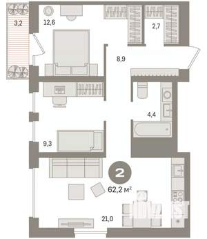 2-к квартира, вторичка, 62м2, 6/8 этаж