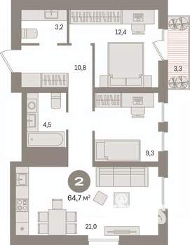 2-к квартира, вторичка, 65м2, 6/15 этаж