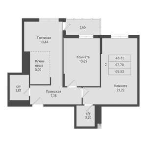 2-к квартира, вторичка, 70м2, 19/22 этаж