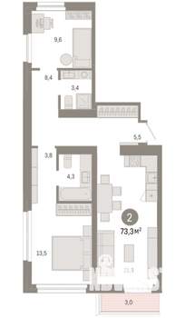2-к квартира, вторичка, 73м2, 9/9 этаж