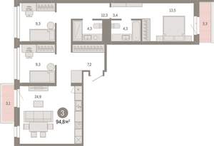 3-к квартира, вторичка, 95м2, 8/9 этаж