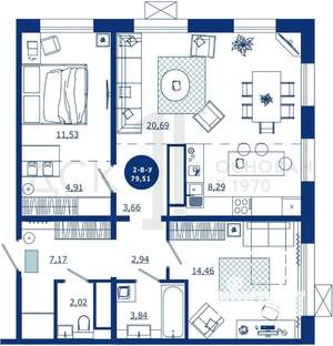 2-к квартира, вторичка, 80м2, 11/17 этаж