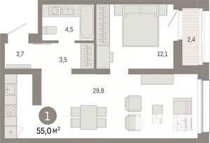 1-к квартира, вторичка, 55м2, 6/17 этаж