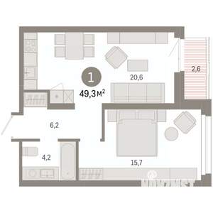 1-к квартира, вторичка, 49м2, 3/9 этаж