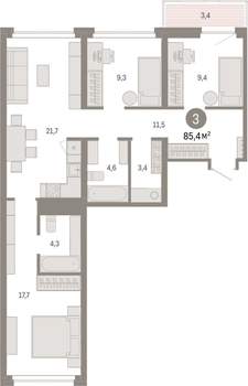 3-к квартира, вторичка, 85м2, 5/9 этаж