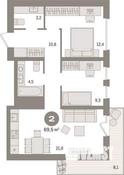 2-к квартира, вторичка, 69м2, 4/17 этаж