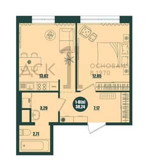 1-к квартира, строящийся дом, 38м2, 1/16 этаж