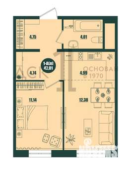 1-к квартира, строящийся дом, 42м2, 13/16 этаж