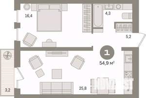 1-к квартира, вторичка, 55м2, 11/15 этаж