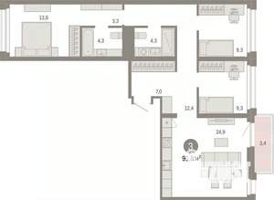 3-к квартира, вторичка, 92м2, 6/9 этаж