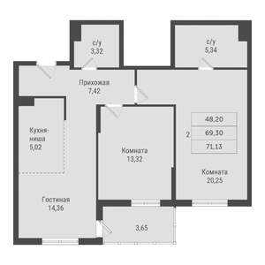 2-к квартира, вторичка, 71м2, 8/22 этаж