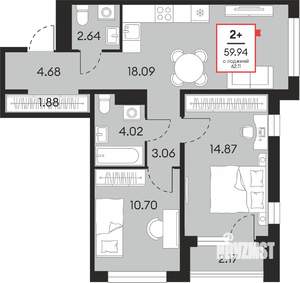 2-к квартира, вторичка, 60м2, 15/21 этаж