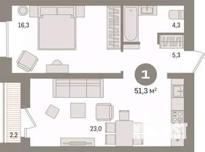 1-к квартира, вторичка, 51м2, 3/9 этаж