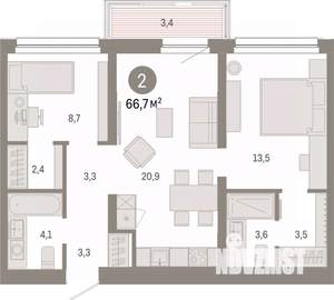 2-к квартира, вторичка, 67м2, 6/17 этаж