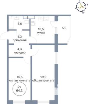 2-к квартира, вторичка, 64м2, 17/21 этаж