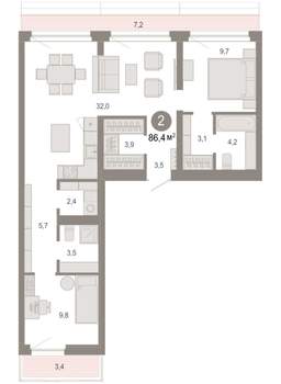 2-к квартира, вторичка, 86м2, 8/9 этаж