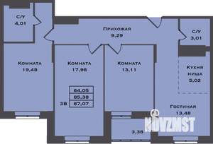 3-к квартира, строящийся дом, 87м2, 17/22 этаж