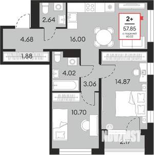 2-к квартира, вторичка, 58м2, 3/21 этаж