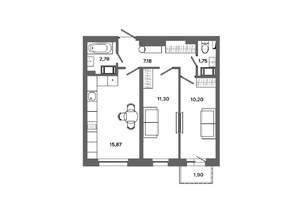 2-к квартира, вторичка, 50м2, 15/19 этаж