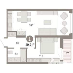 1-к квартира, вторичка, 50м2, 8/9 этаж