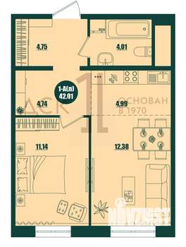 1-к квартира, строящийся дом, 42м2, 16/16 этаж