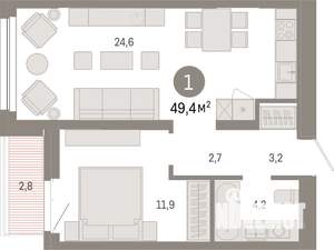 1-к квартира, вторичка, 49м2, 6/7 этаж