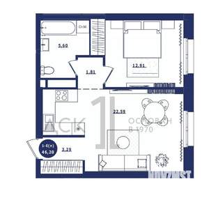 1-к квартира, строящийся дом, 46м2, 10/16 этаж