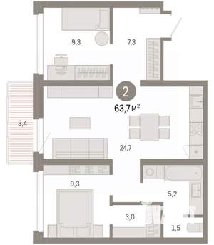 2-к квартира, вторичка, 64м2, 4/9 этаж