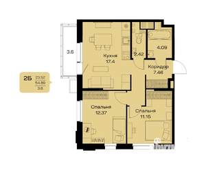 2-к квартира, строящийся дом, 58м2, 12/18 этаж