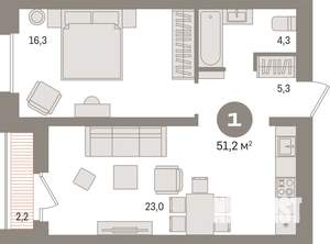 1-к квартира, вторичка, 51м2, 2/17 этаж