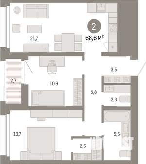 2-к квартира, вторичка, 69м2, 17/17 этаж