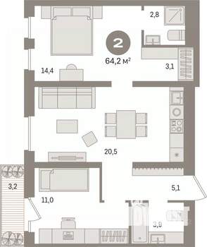 2-к квартира, вторичка, 64м2, 6/17 этаж