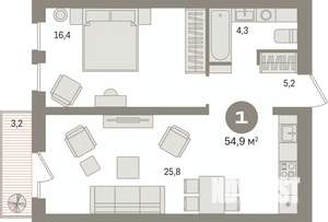 1-к квартира, вторичка, 55м2, 3/17 этаж