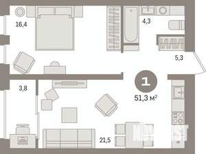 1-к квартира, вторичка, 51м2, 6/17 этаж