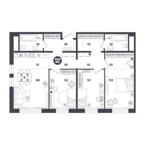 3-к квартира, строящийся дом, 88м2, 2/16 этаж