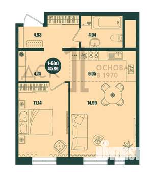 1-к квартира, строящийся дом, 46м2, 14/16 этаж