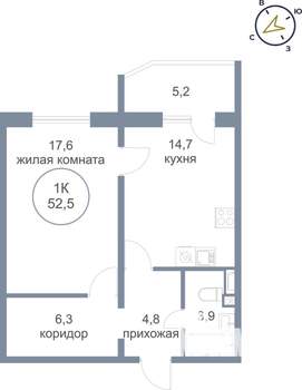 1-к квартира, вторичка, 53м2, 1/25 этаж